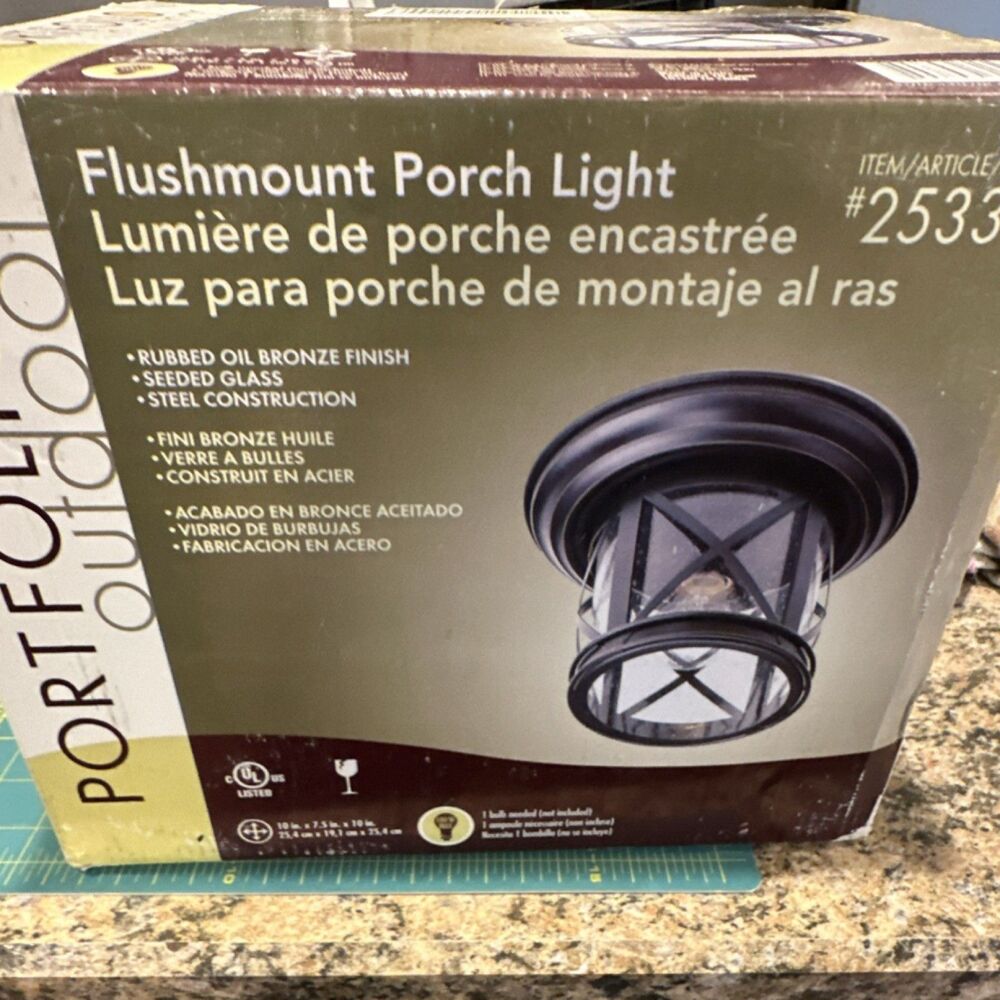 Portfolio Flushmount Porch Light Rubbed Oil Bronze Seeded Glass Steel